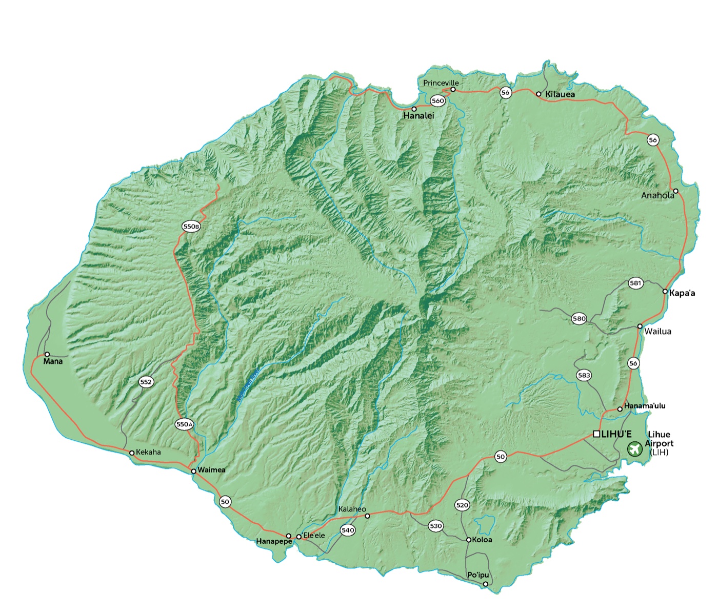 Kauai map with spot markers