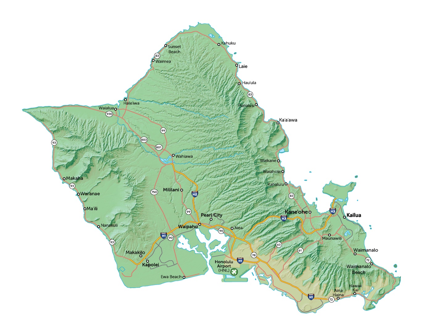 Oahu map with spot markers