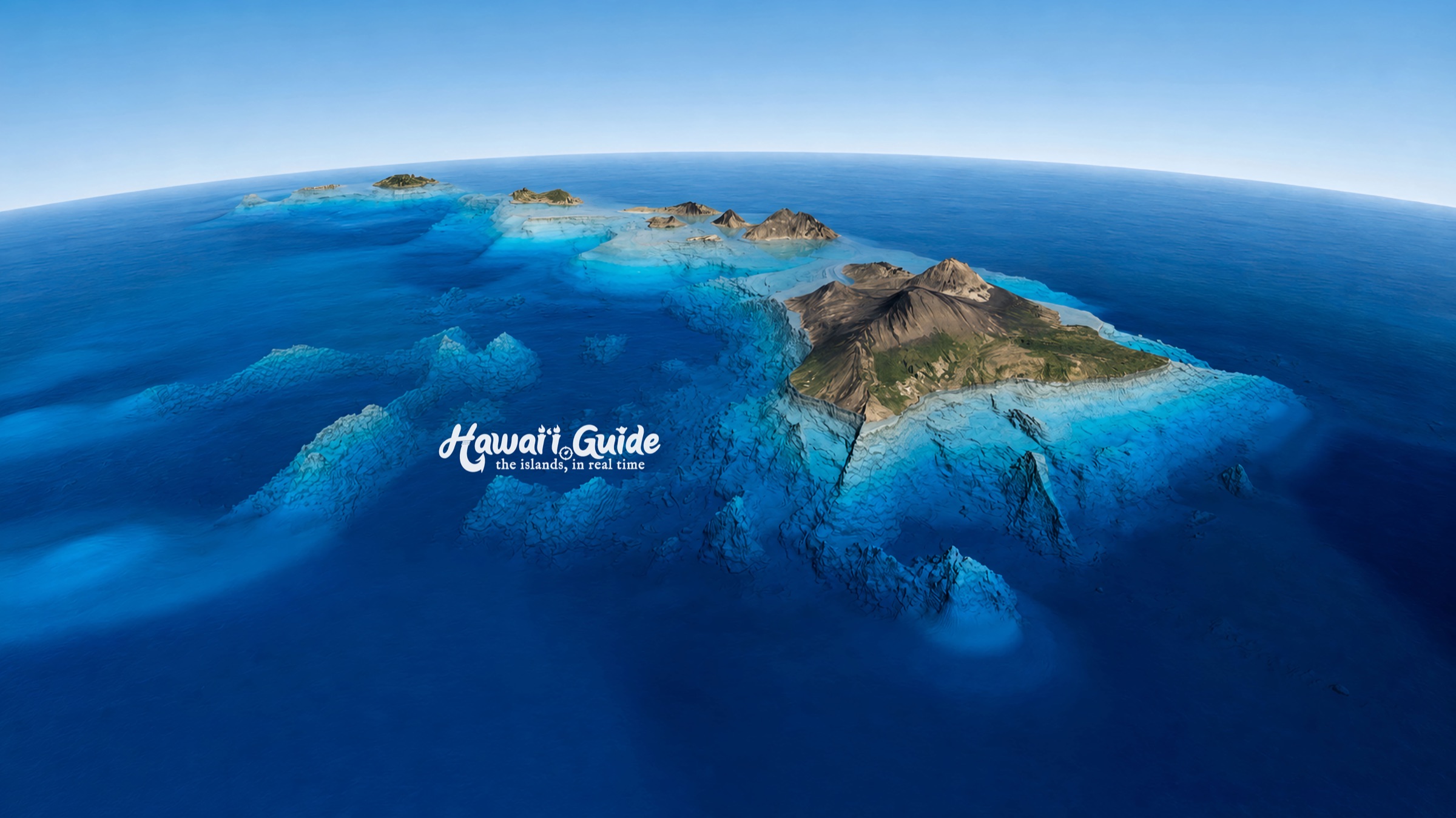 Panoramic 3D map view of the Hawaiian Islands rising from the Pacific seafloor
